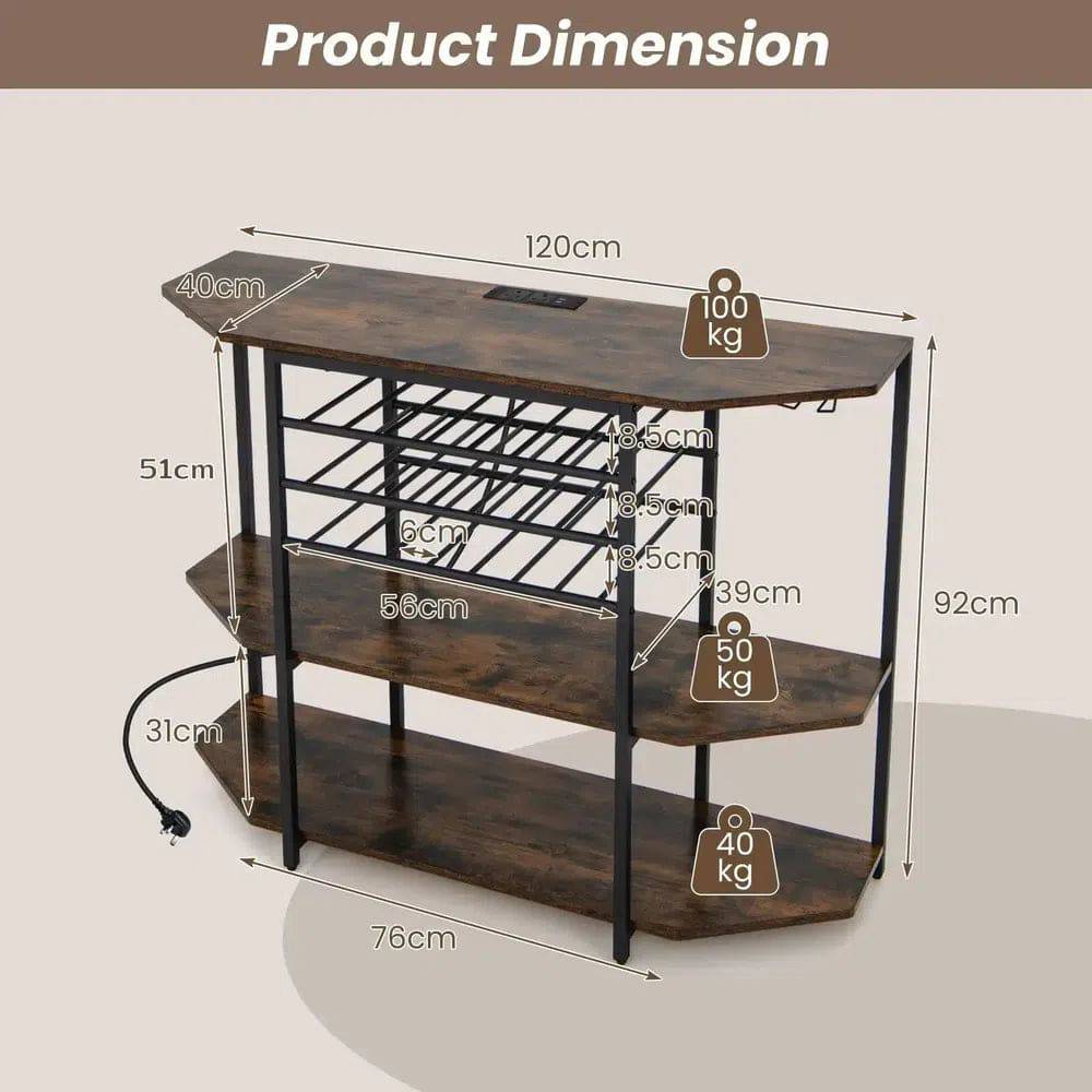 GOFLAME Wine Bar Cabinet 3 Tier Industrial Wine Rack with Storage Shelves Glass Holder |  | Luvasmr - Satisfyingly Organised