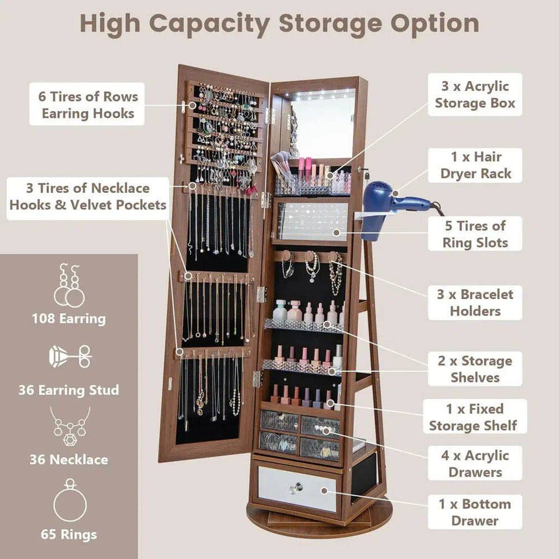 GOFLAME 360° Rotating Jewelry Armoire Full Length Mirrored Freestanding Makeup Cabinet |  | Luvasmr - Satisfyingly Organised