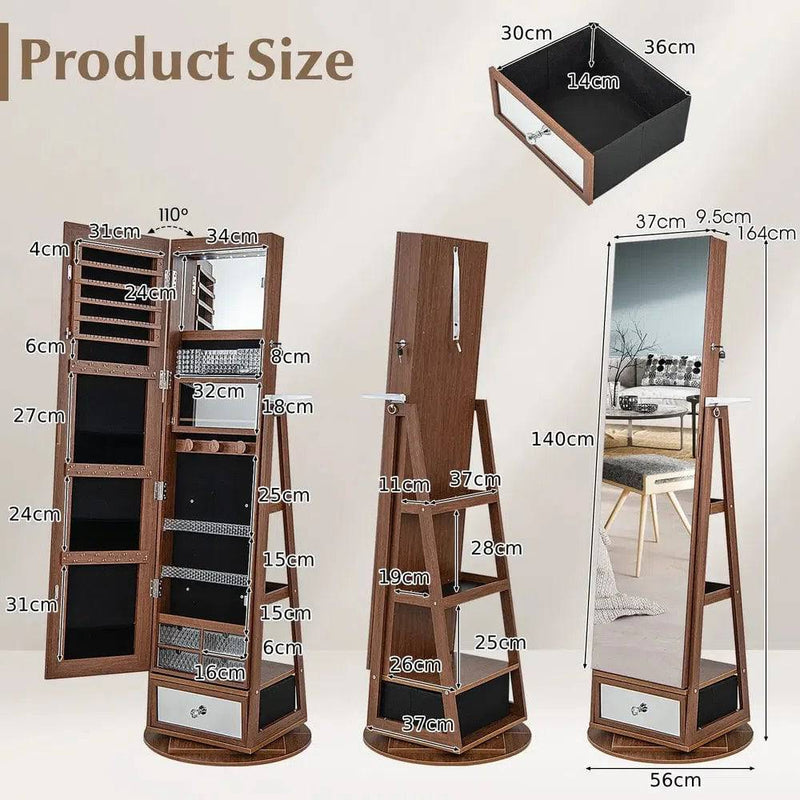 GOFLAME 360° Rotating Jewelry Armoire Full Length Mirrored Freestanding Makeup Cabinet |  | Luvasmr - Satisfyingly Organised