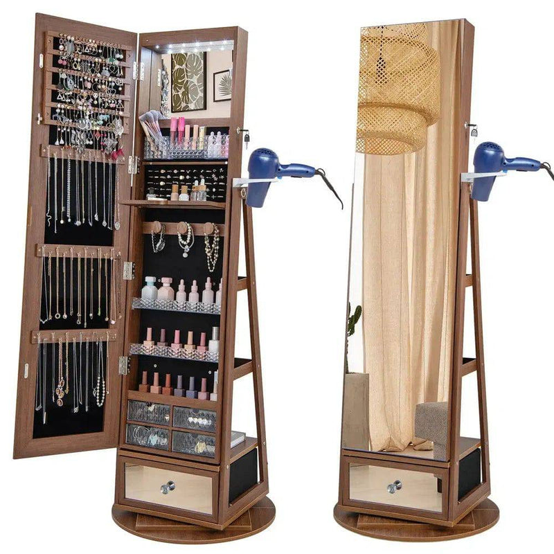 GOFLAME 360° Rotating Jewelry Armoire Full Length Mirrored Freestanding Makeup Cabinet |  | Luvasmr - Satisfyingly Organised