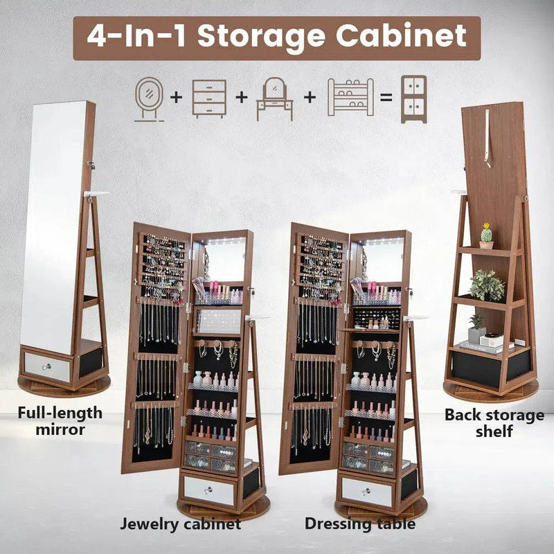 GOFLAME 360° Rotating Jewelry Armoire Full Length Mirrored Freestanding Makeup Cabinet |  | Luvasmr - Satisfyingly Organised