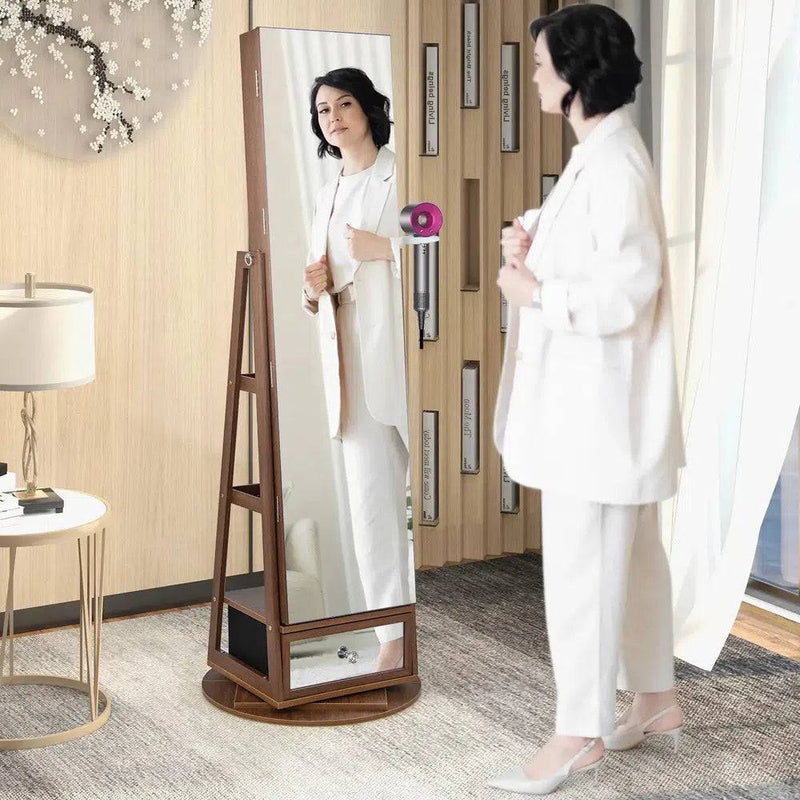 GOFLAME 360° Rotating Jewelry Armoire Full Length Mirrored Freestanding Makeup Cabinet |  | Luvasmr - Satisfyingly Organised