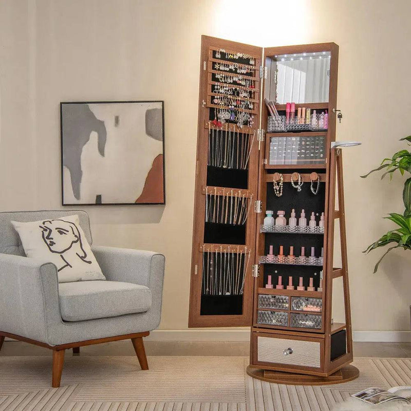 GOFLAME 360° Rotating Jewelry Armoire Full Length Mirrored Freestanding Makeup Cabinet |  | Luvasmr - Satisfyingly Organised