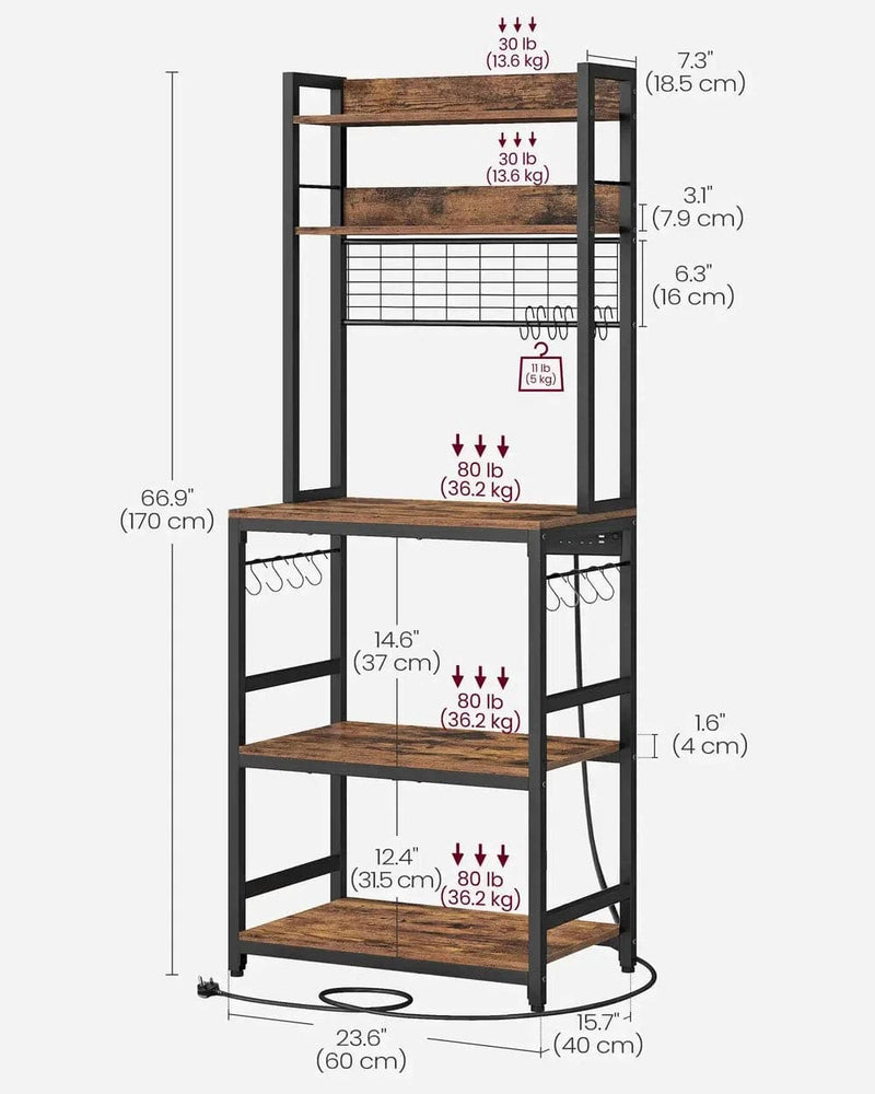 VASAGLE Kitchen Storage Rack with Power Outlet, Coffee Bar, Baker's Rack, with Metal Wire Panel, 14 Hooks, for Microwave, Steel |  | Luvasmr - Satisfyingly Organised