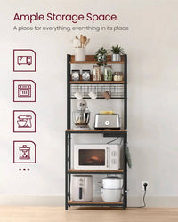VASAGLE Kitchen Storage Rack with Power Outlet, Coffee Bar, Baker's Rack, with Metal Wire Panel, 14 Hooks, for Microwave, Steel |  | Luvasmr - Satisfyingly Organised