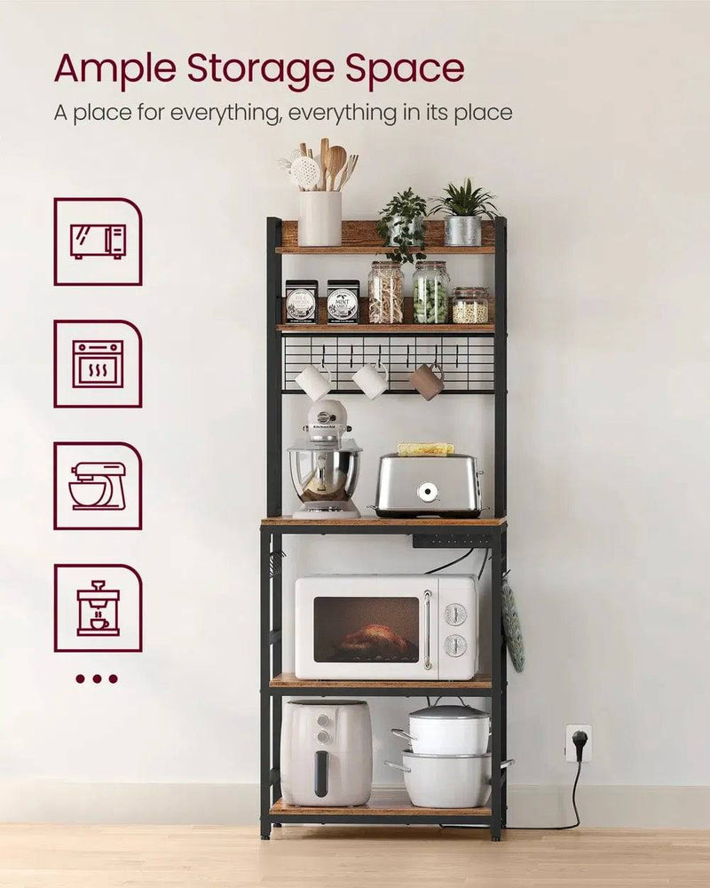 VASAGLE Kitchen Storage Rack with Power Outlet, Coffee Bar, Baker's Rack, with Metal Wire Panel, 14 Hooks, for Microwave, Steel |  | Luvasmr - Satisfyingly Organised