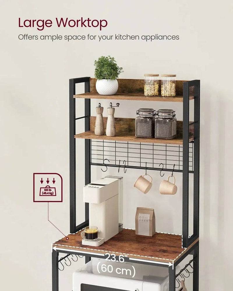 VASAGLE Kitchen Storage Rack with Power Outlet, Coffee Bar, Baker's Rack, with Metal Wire Panel, 14 Hooks, for Microwave, Steel |  | Luvasmr - Satisfyingly Organised