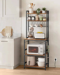 VASAGLE Kitchen Storage Rack with Power Outlet, Coffee Bar, Baker's Rack, with Metal Wire Panel, 14 Hooks, for Microwave, Steel |  | Luvasmr - Satisfyingly Organised