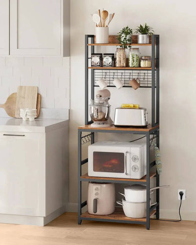 VASAGLE Kitchen Storage Rack with Power Outlet, Coffee Bar, Baker's Rack, with Metal Wire Panel, 14 Hooks, for Microwave, Steel |  | Luvasmr - Satisfyingly Organised