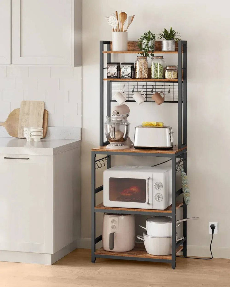 VASAGLE Kitchen Storage Rack with Power Outlet, Coffee Bar, Baker's Rack, with Metal Wire Panel, 14 Hooks, for Microwave, Steel |  | Luvasmr - Satisfyingly Organised