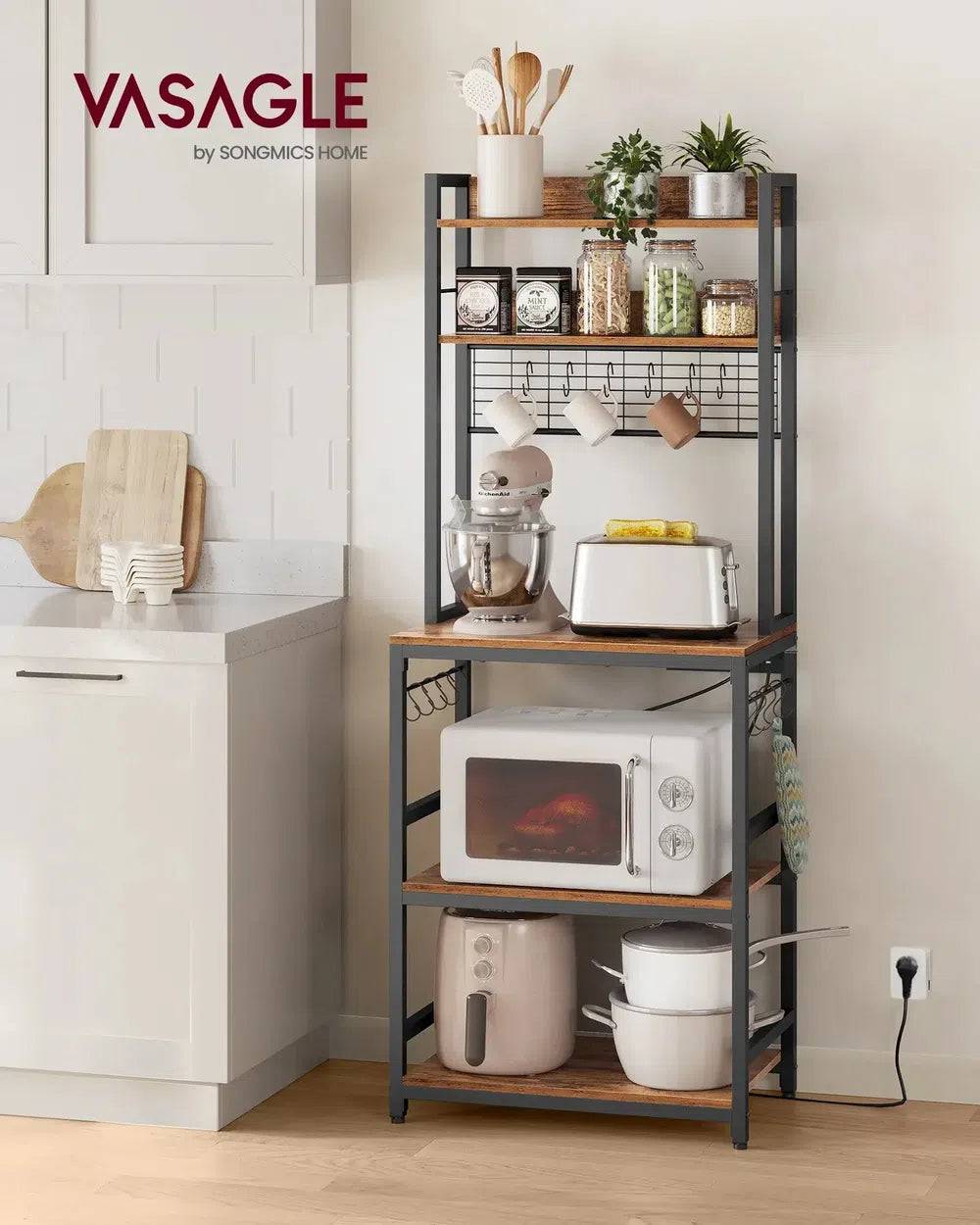 VASAGLE Kitchen Storage Rack with Power Outlet, Coffee Bar, Baker's Rack, with Metal Wire Panel, 14 Hooks, for Microwave, Steel |  | Luvasmr - Satisfyingly Organised