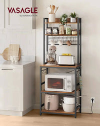VASAGLE Kitchen Storage Rack with Power Outlet, Coffee Bar, Baker's Rack, with Metal Wire Panel, 14 Hooks, for Microwave, Steel |  | Luvasmr - Satisfyingly Organised