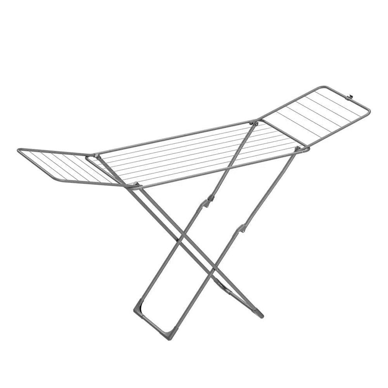 Foldable clothes drying rack with gullwing arms for efficient laundry drying, suitable for indoor and outdoor use.