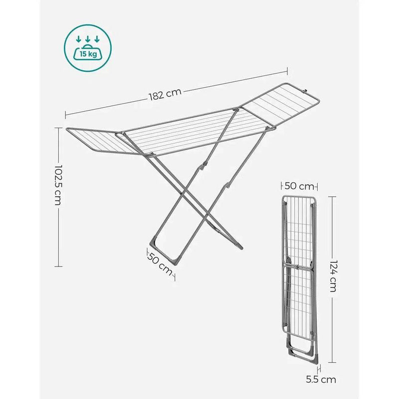 Dimensions and features of a foldable clothes drying rack with gullwing arms, ideal for space-saving laundry solutions.
