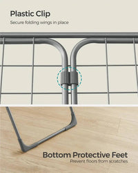 Detail of foldable clothes drying rack showing plastic clip and bottom protective feet for stability and floor safety.