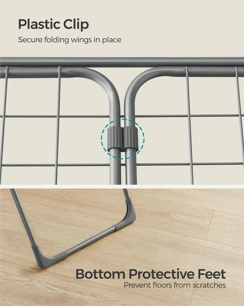 Detail of foldable clothes drying rack showing plastic clip and bottom protective feet for stability and floor safety.