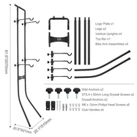 Wall-mounted bike rack with adjustable arms and component list for secure bike storage solution.