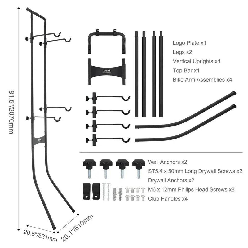 Wall-mounted bike rack with adjustable arms and component list for secure bike storage solution.
