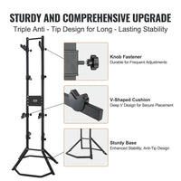 Wall-mounted bike rack with adjustable arms featuring sturdy design, knob fastener, and anti-tip stability.
