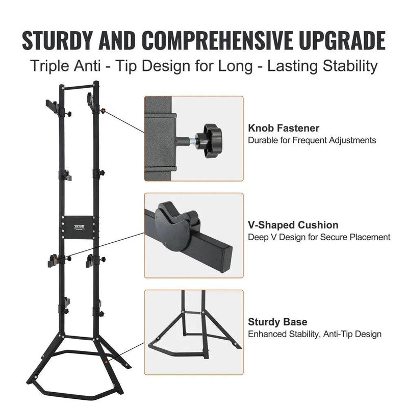 Wall-mounted bike rack with adjustable arms featuring sturdy design, knob fastener, and anti-tip stability.