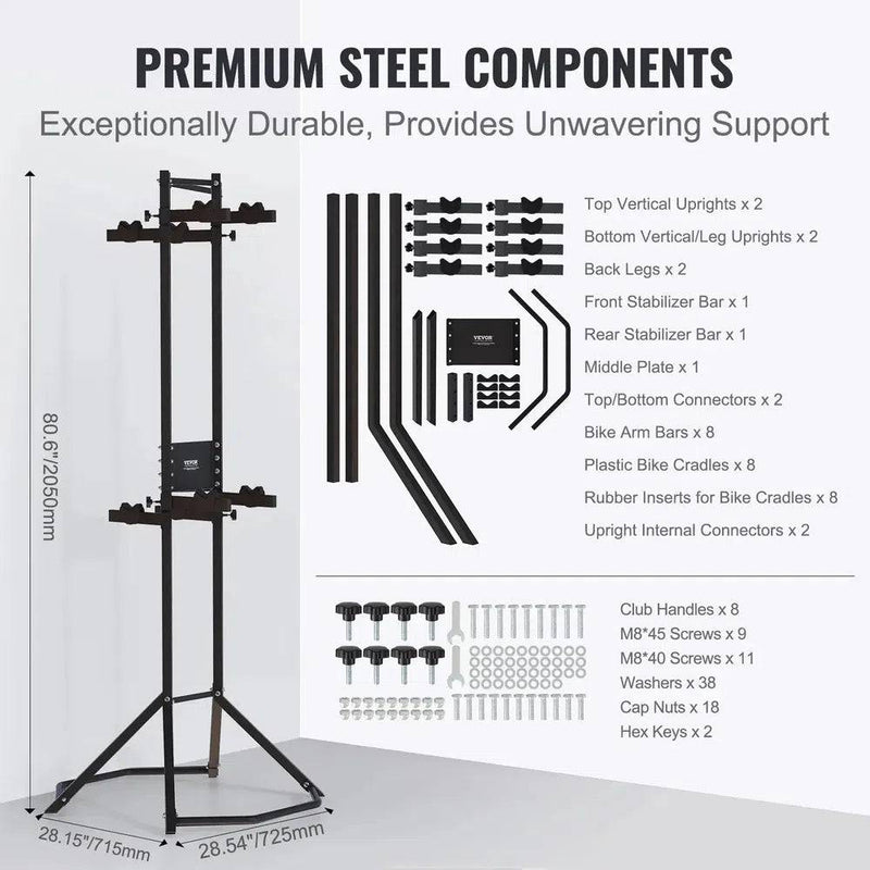 Wall-mounted bike rack with adjustable arms and premium steel components, featuring a durable design for secure bike storage.