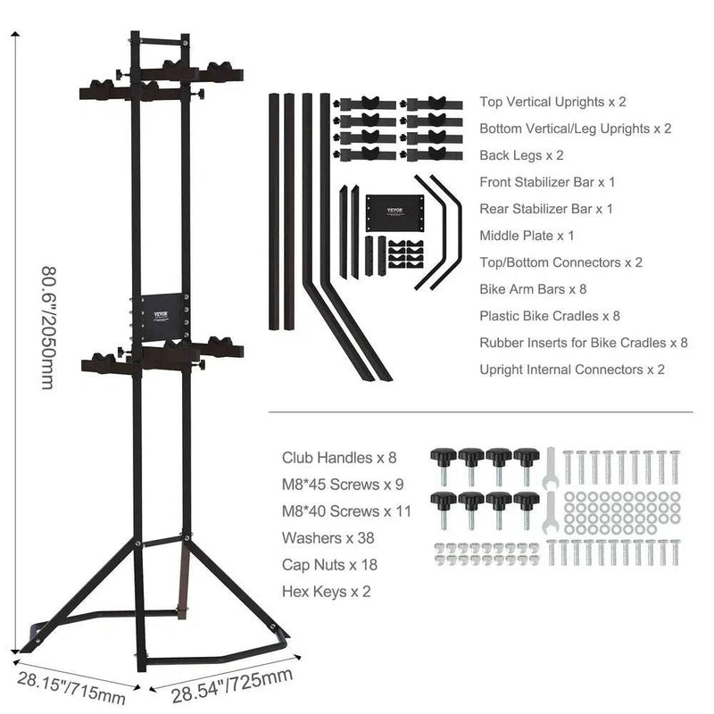 Diagram showing components for Wall-Mounted Bike Rack with adjustable arms and installation parts.