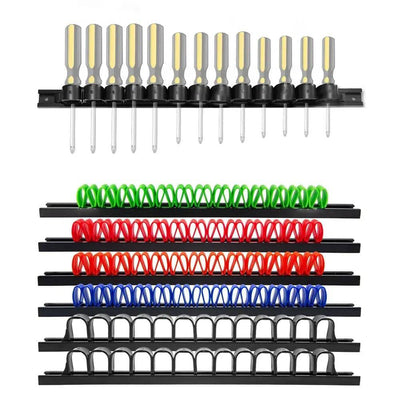 Screwdriver wall organiser tool holder with multiple slots for screwdrivers and colourful storage for tools.