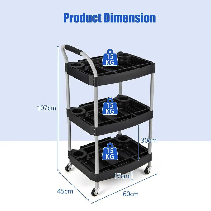 Dimensions of 3-Tier Mobile Tool Cart with 360° Wheels, featuring 3 shelves and weight capacity of 15 kg each.