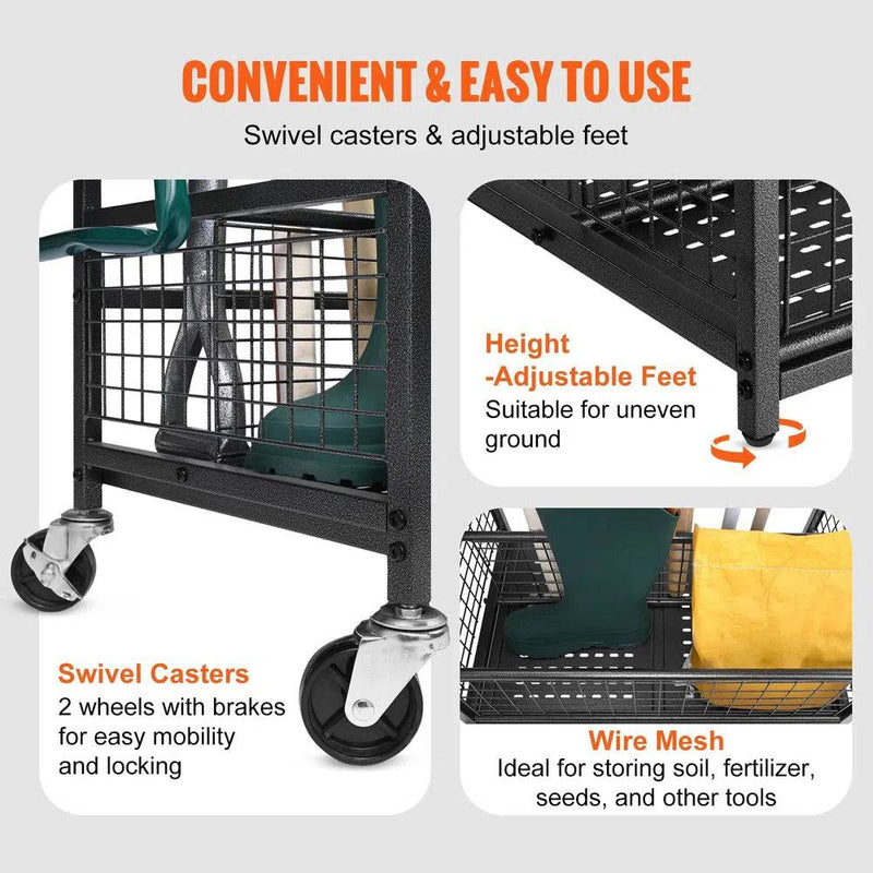 Convenient wall-mounted garden tools organizer with swivel casters and adjustable feet for easy use.