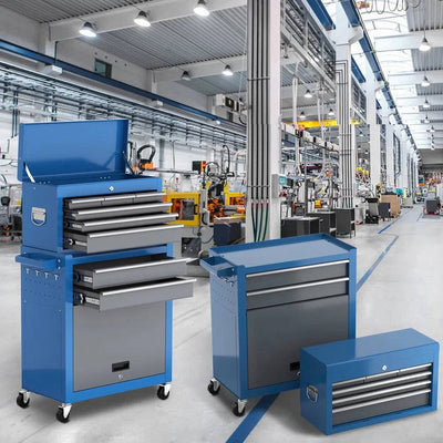 8 Drawer Tool Chest with Rolling Wheels in a spacious workshop, showcasing sturdy construction and ample storage.