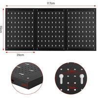 Perforated tool wall mount organiser system dimensions 117x55cm for efficient workspace organisation.