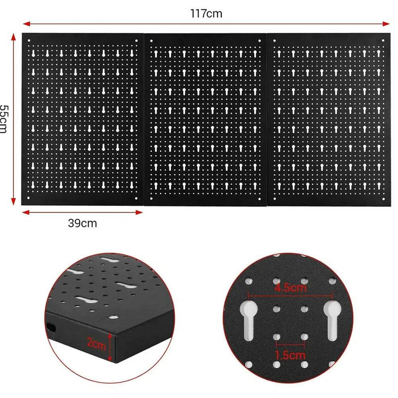 Perforated tool wall mount organiser system dimensions 117x55cm for efficient workspace organisation.