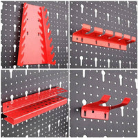 Collage of red perforated tool wall mount organiser components for efficient workspace storage.