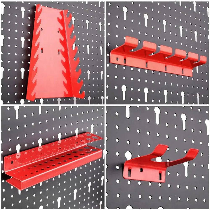 Collage of red perforated tool wall mount organiser components for efficient workspace storage.