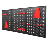 Perforated tool wall mount organiser system featuring a black panel with red storage accessories for efficient workspace organization.