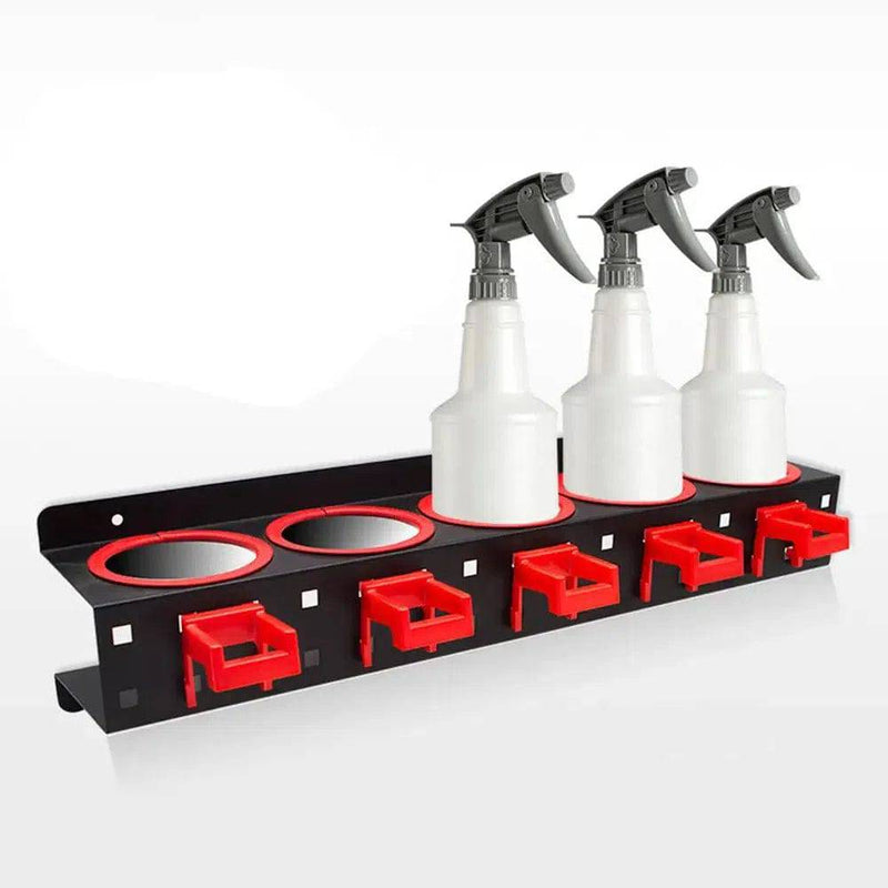 Wall mounted spray bottle rack made of durable steel, featuring three spray bottles for efficient space-saving storage.