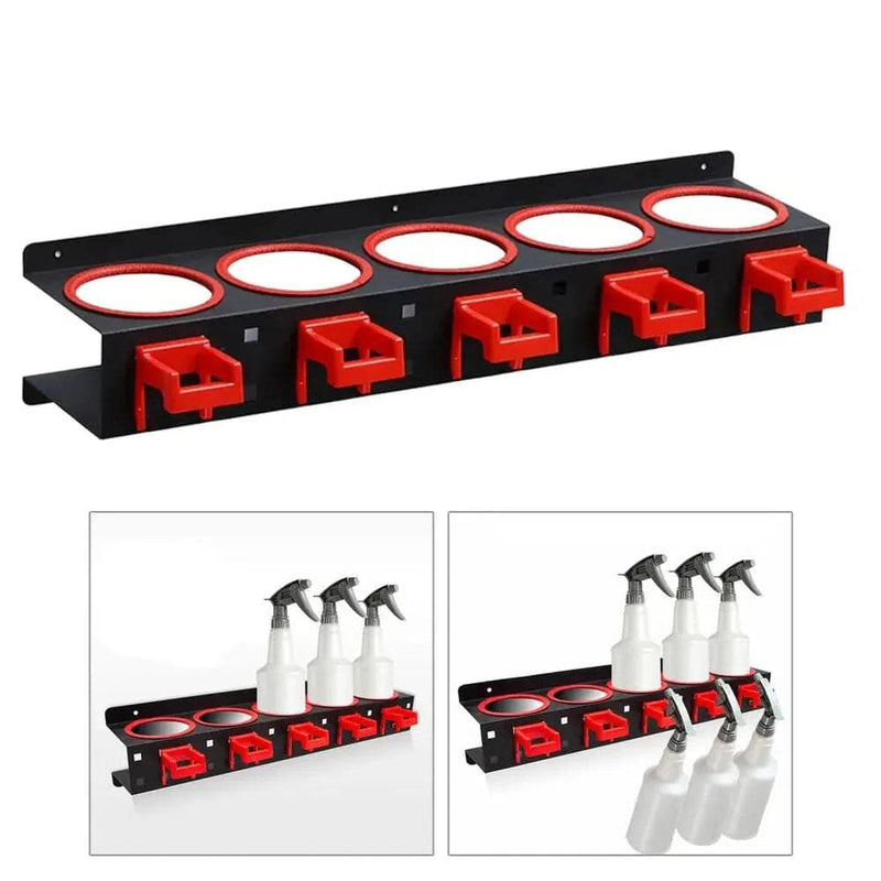 Wall mounted spray bottle rack in durable steel, designed for efficient storage of cleaning supplies and spray bottles.
