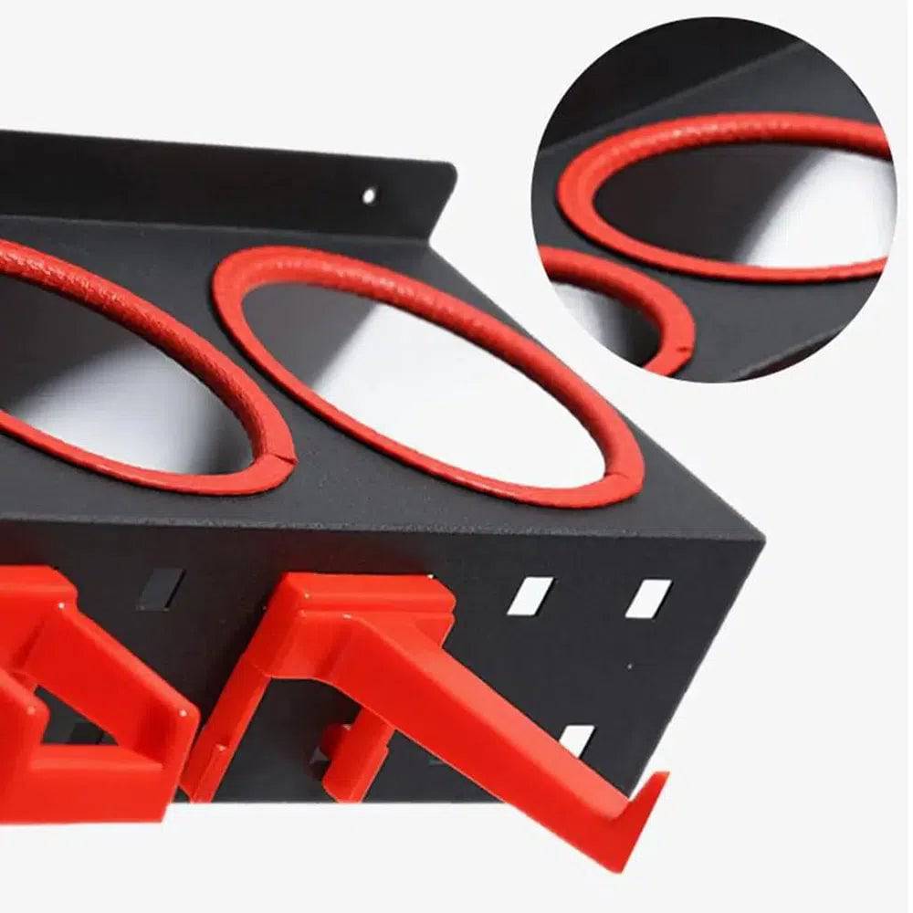 Durable steel wall mounted spray bottle rack with red accents for efficient storage.