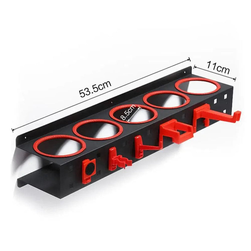 Wall mounted spray bottle rack in black and red, designed for efficient storage of cleaning supplies and tools.