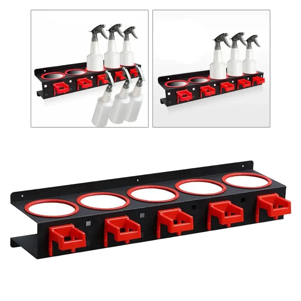 Wall mounted spray bottle rack in black and red, featuring four compartments for organized cleaning supplies.