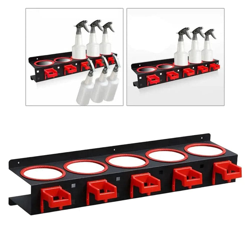 Wall mounted spray bottle rack in black and red, featuring four compartments for organized cleaning supplies.