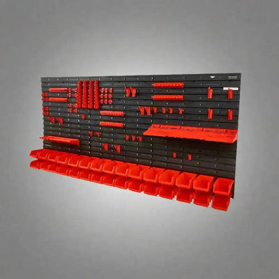 Wall-mounted 30-compartment storage organiser with red bins for efficient clutter management in workshops and kitchens.