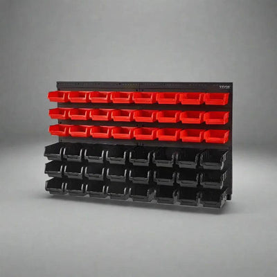 Wall mounted storage bins rack featuring 48 compartments in red and black, perfect for organizing tools and supplies.