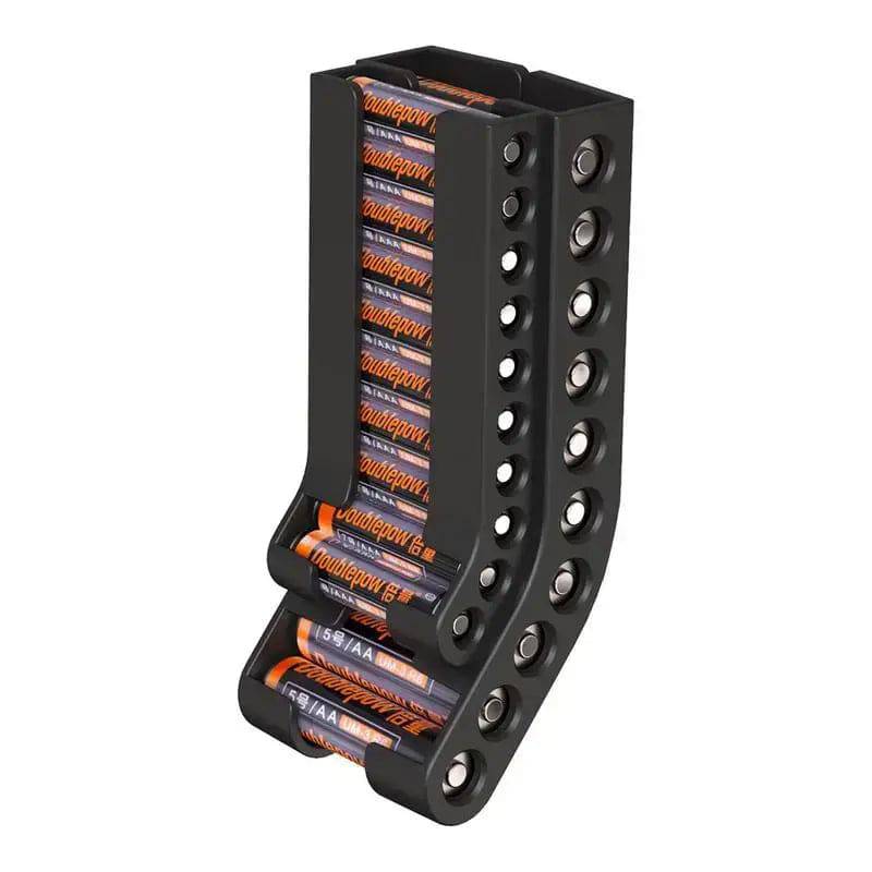 Compact wall-mounted battery holder organizing AA and AAA batteries for easy access and storage.
