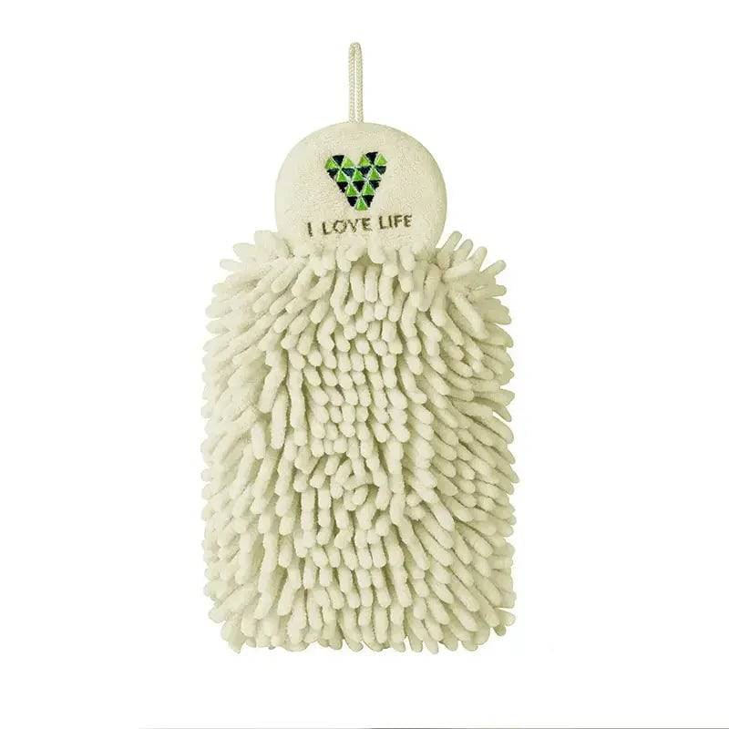 Quick-Drying Chenille Hand Towel Ultra Absorbent in soft cream color with 'I Love Life' design.