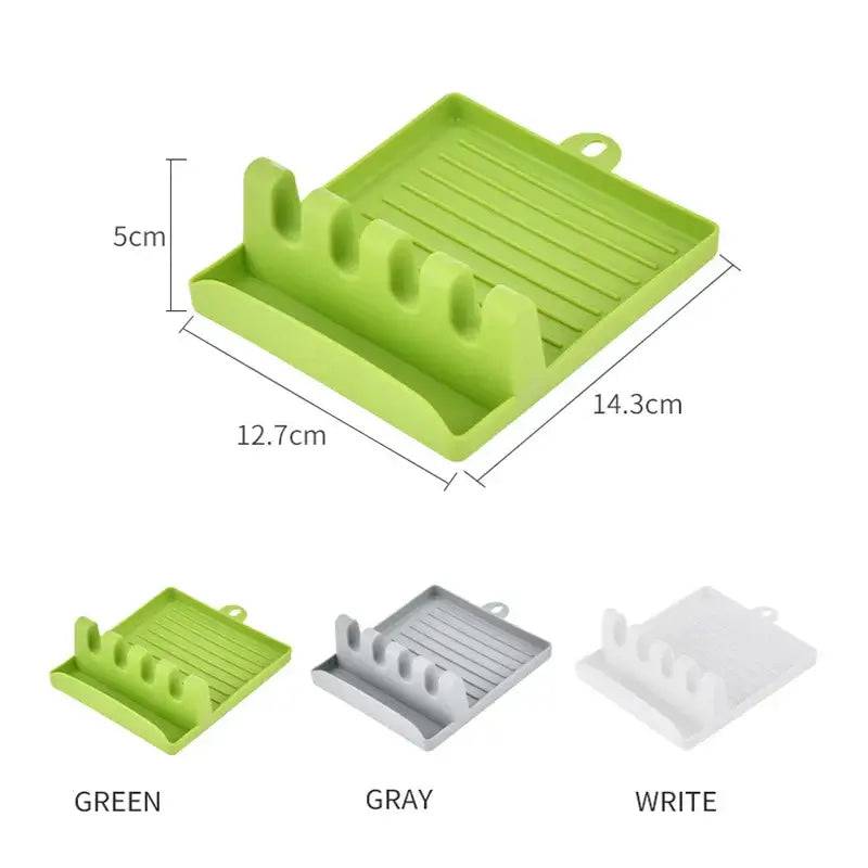 Plastic utensil holder in green, gray, and white colors showcasing a non-slip design and organized slots for kitchen utensils.