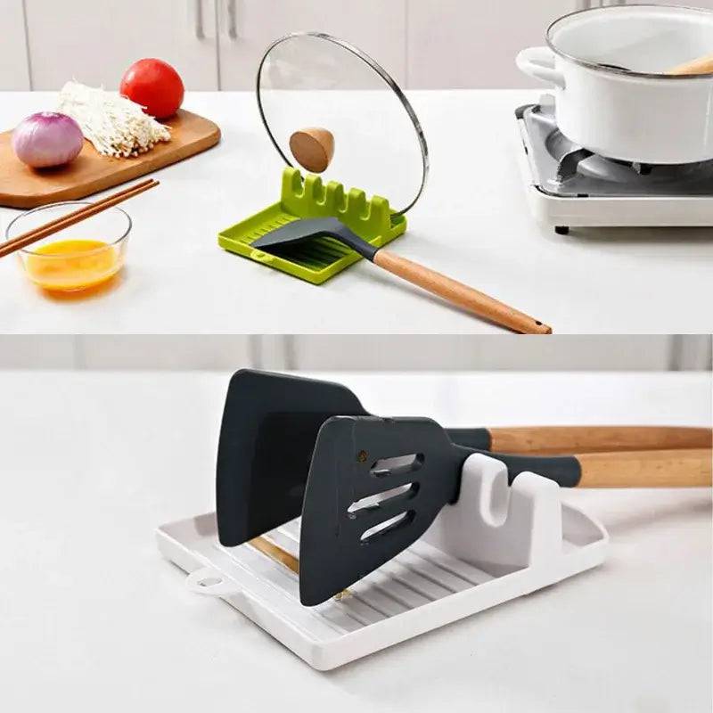 Plastic utensil holder with non-slip base, organizing cooking tools like spatulas and spoons in a modern kitchen setting.