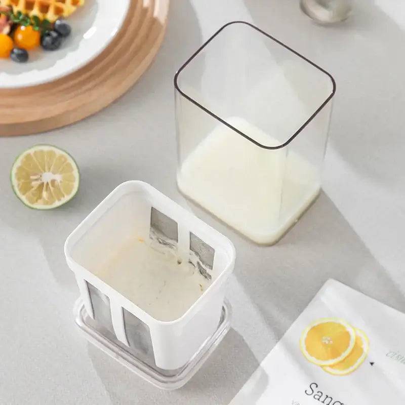 Stainless Steel Yogurt Strainer Tool with whey separator, perfect for making Greek yogurt and creamy cheese.