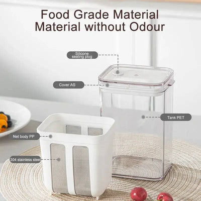 Stainless steel yogurt strainer with food grade materials, silicone sealing plug, and transparent design for easy whey separation.