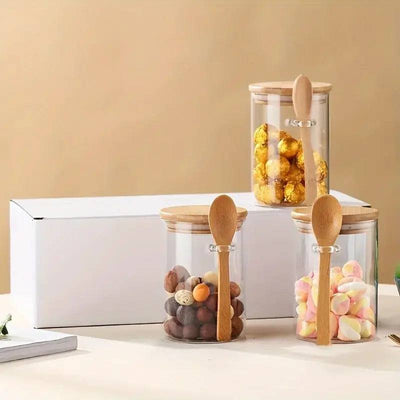 280ml Candy Jar, Biscuit Jar, Glass Storage Jar With Sealed Bamboo Lid And Spoon - 10oz Transparent Glass Bulk Food Storage Jar | Kitchen | Luvasmr - Satisfyingly Organised